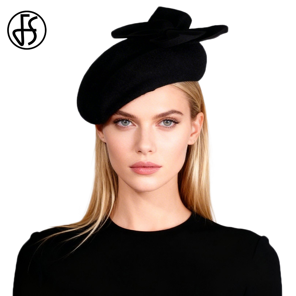 Beret French Wool - FS Schwarz-weiße Woll-Baskenmützen mit Schleife, Kirchenhut