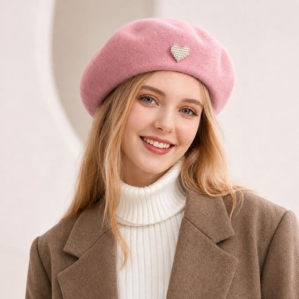 Beret French Wool - Modische warme Winter-Wollmütze in Herzform, einfarbig,