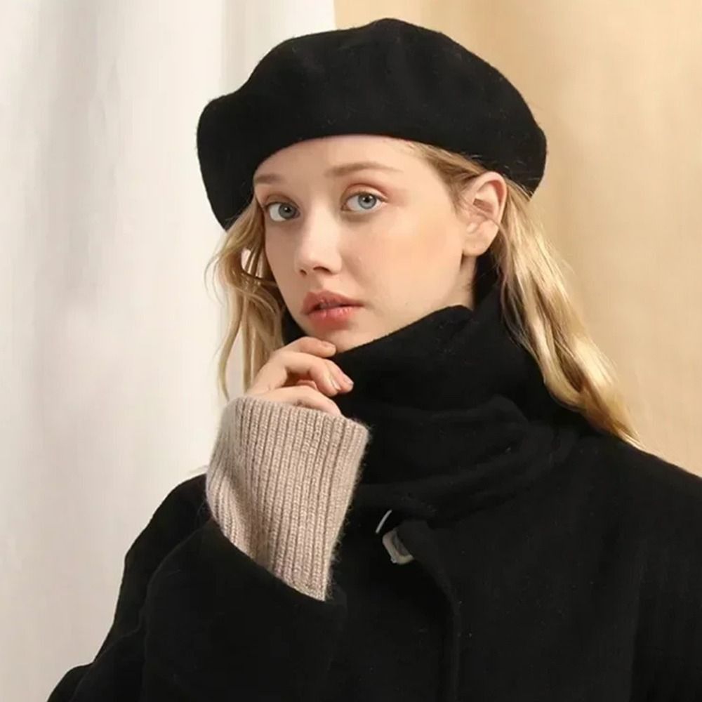 Beret French Wool - Modische warme Winter-Wollmütze, Retro-Mütze in Uni-Farbe,