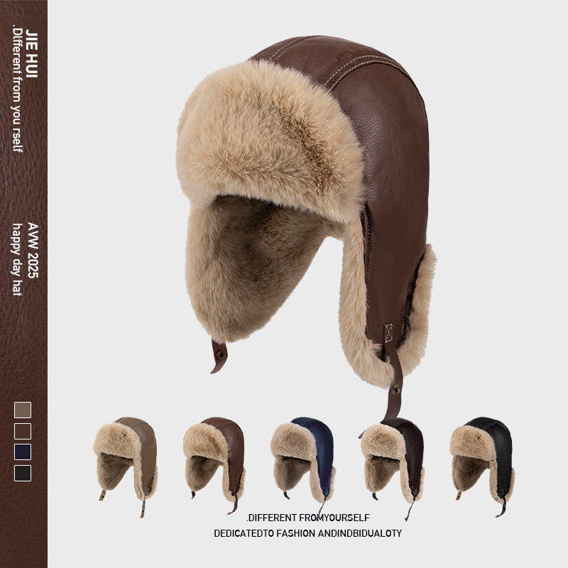 Winter Trapper Hat - Herren Winter Warme PU-Leder Trapper-Mützen Kunstfell