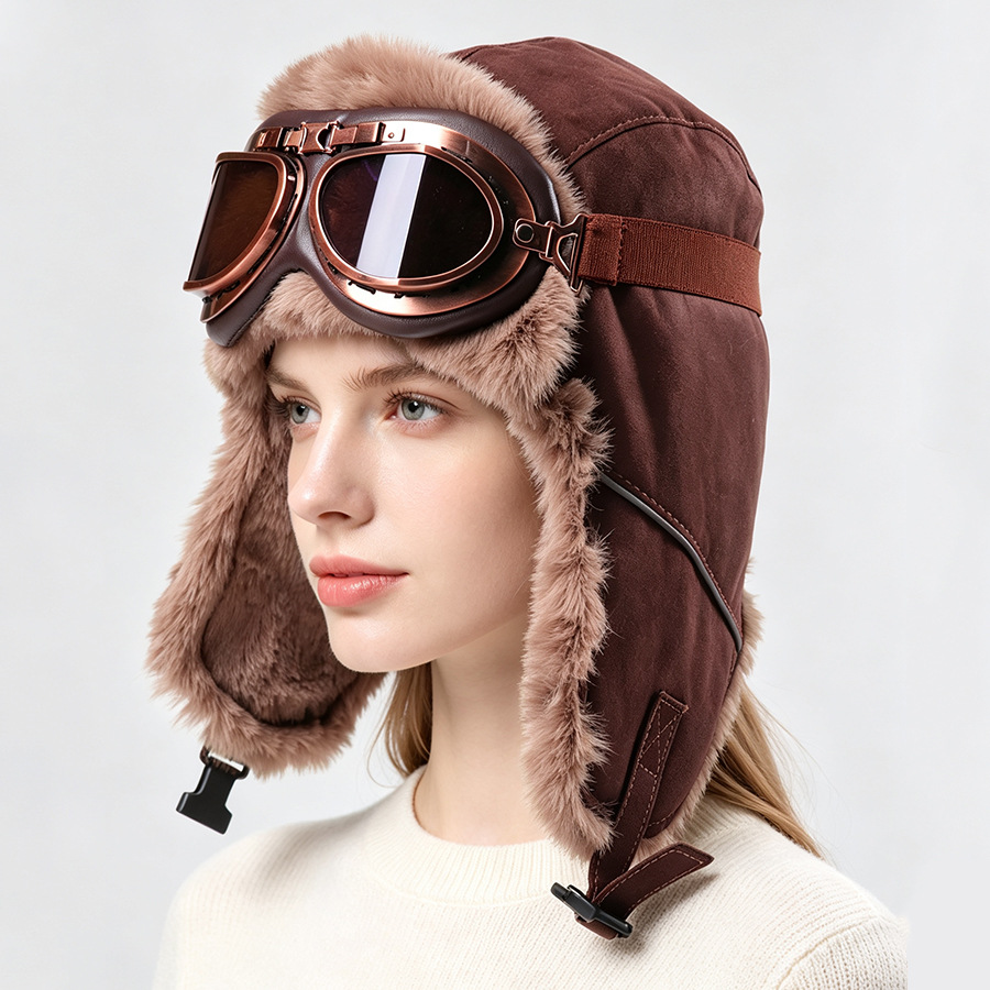 Winter Trapper Hat - Vintage-Fliegermütze mit Schutzbrille, dick gefüttert, winddicht,